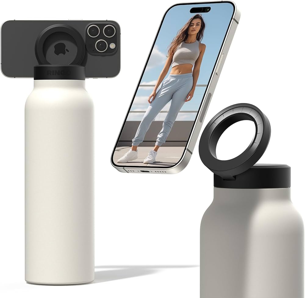Botella de agua aislada con soporte para teléfono