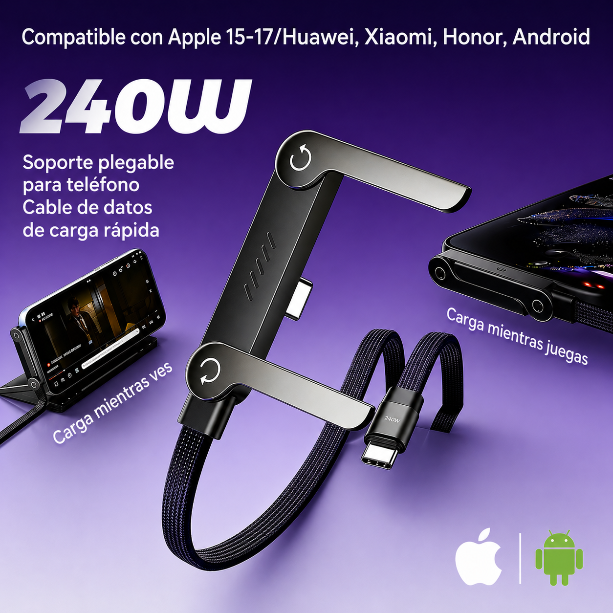 Cable de Carga Rápida 2 en 1 con Soporte Plegable (240w)