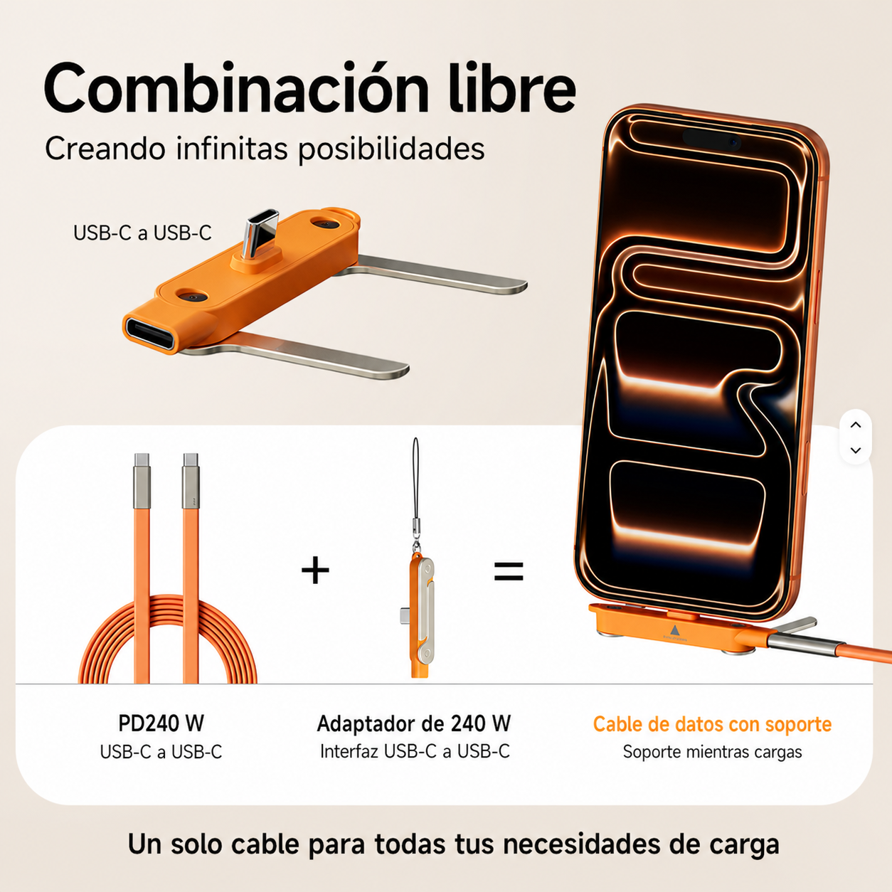 Cable de Carga Rápida 2 en 1 con Soporte Plegable (240w)