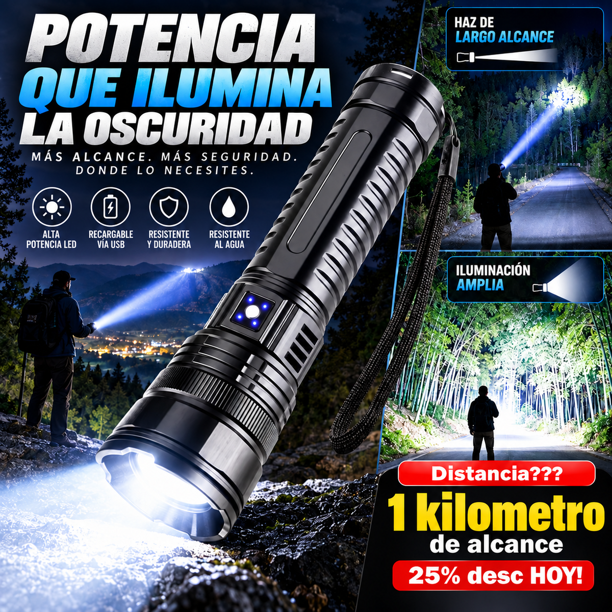 Linterna LED Recargable de Largo Alcance con Indicador Digital