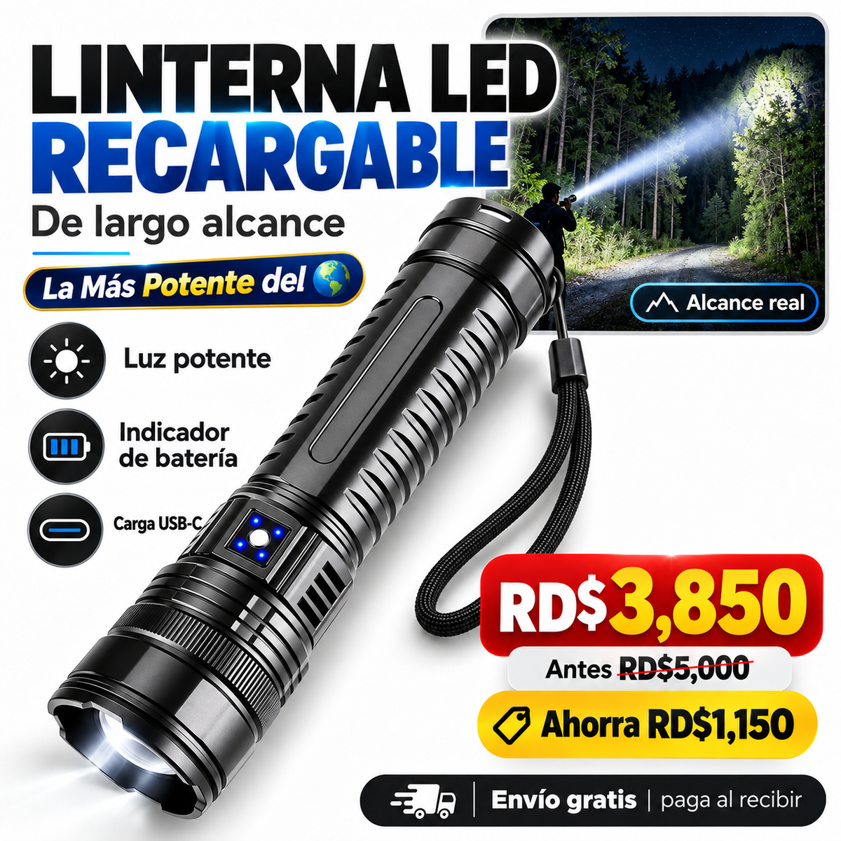 Linterna LED Recargable de Largo Alcance con Indicador Digital