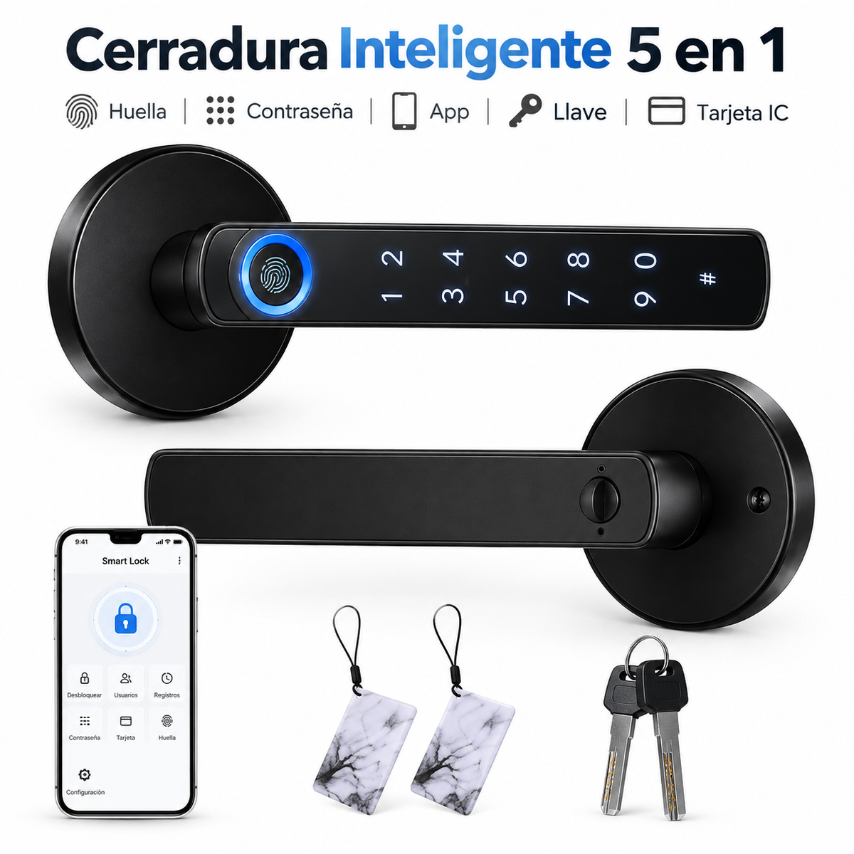 Cerradura inteligente 5 en 1 con huella digital, contraseña, app, llave y tarjeta IC